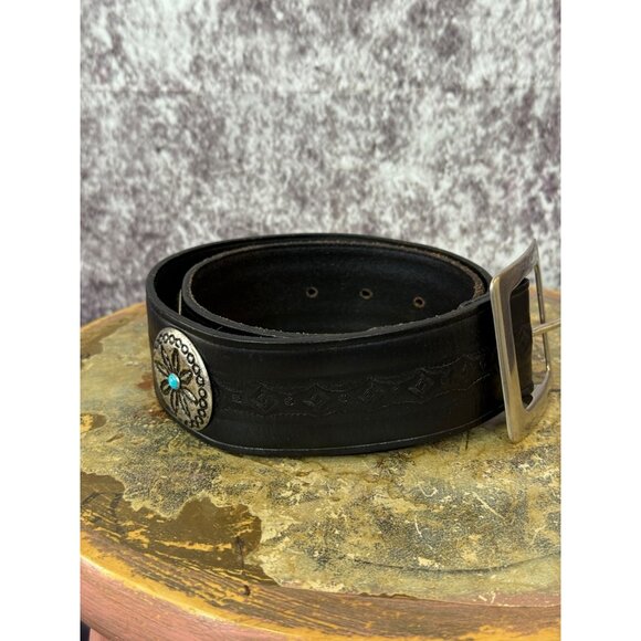 Leather Belt Silver womens M 34"L Black Buckle Bull Conchos Turquoise Western - Picture 2 of 14